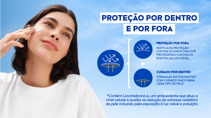 PROTEÇÃO POR DENTRO E POR FORA PROTEÇÃO POR FORA - MUITO ALTA PROTEÇÃO CONTRA OS RAIOS UVA/UVB PROTEGENDO CONTRA OS EFEITOS DA LUZ VISIVEL + CUIDADO POR DENTRO FÓRMULAS ANTIOXIDANTES* COM CUIDADO ÚNICO PARA CADA TIPO DE PELE Mulher ao ar livre toca o rosto olhando para cima, sob céu azul. À direita, infográfico com ícones mostrando proteção solar por fora (UVA/UVB e luz visível) e por dentro (ação antioxidante).