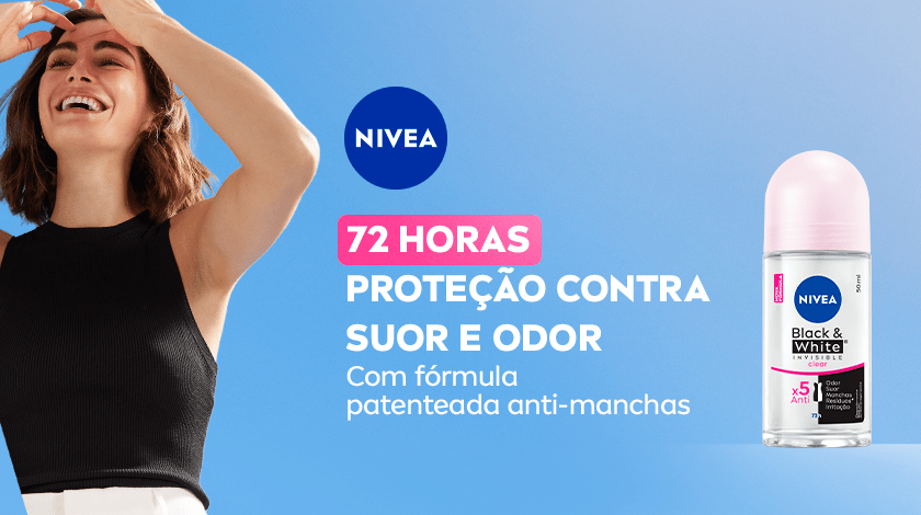 Fundo azul em degradê. À esquerda, uma mulher jovem sorri com os braços levantados, vestindo uma blusa preta sem mangas e calça clara. Ao lado dela, o logo da NIVEA em azul. À direita, o desodorante roll-on NIVEA Black & White Invisible com tampa rosa.