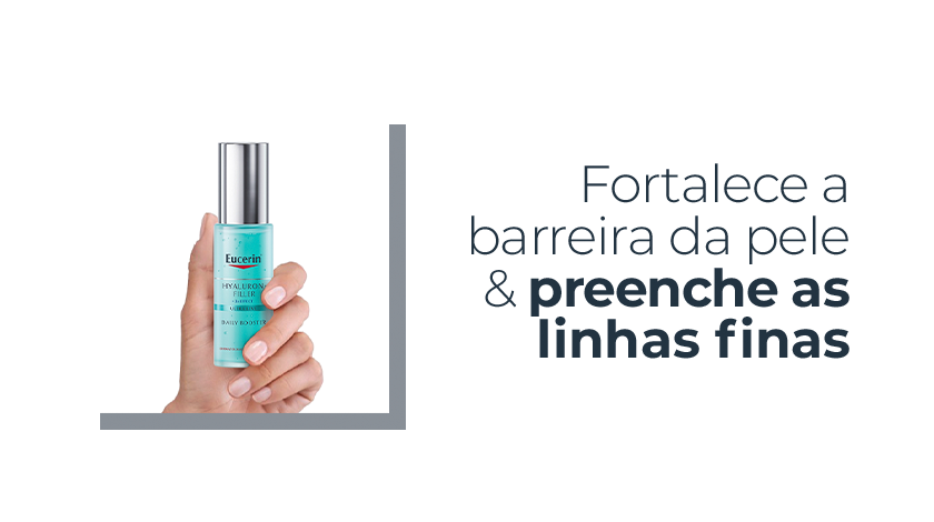 Imagem com fundo branco. Ao lado esquerdo, uma linha cinza destaque a foto de uma mão segurando a embalagem azul de Daily Booster.