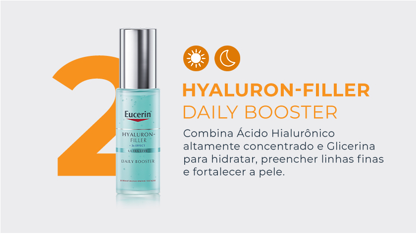 Imagem do produto Eucerin Hyaluron-Filler Daily Booster em frasco azul translúcido, com fundo claro e design clean. Ícones de sol e lua indicam uso diário, de dia e à noite.