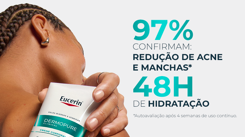 Na parte esquerda, uma mulher com tranças embutidas aparece de perfil, segurando o produto próximo ao ombro, evidenciando pequenas marcas de acne na pele. No canto direito, números grandes em verde destacam resultados do produto, acompanhados de informações complementares sobre eficácia e hidratação.