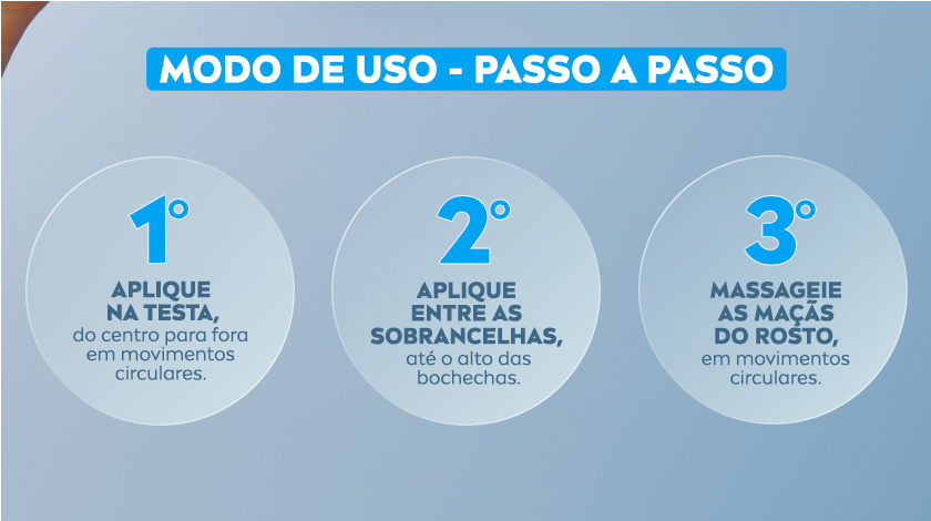 Fundo azul. Ao centro, são apresentados 3 passos para a aplicação do produto.