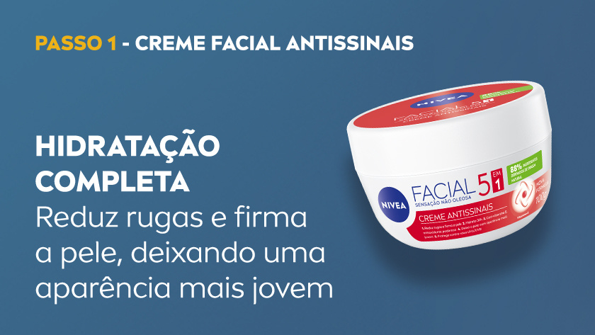 PASSO 1 - CREME FACIAL ANTISSINAIS - HIDRATAÇÃO COMPLETA: Reduz rugas e firma a pele, deixando uma aparência mais jovem Imagem com fundo azul. Ao lado direito, o Creme Facial Antissinais aparece em destaque.