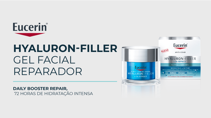 Imagem do pote do Hyaluron-Filler Gel Facial Reparador com a embalagem secundária ao fundo. Texto destacado ao lado direito.