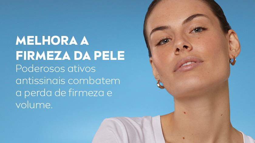 Mulher com pele hidratada olhando para frente, com texto sobre textura leve e rápida absorção do produto.