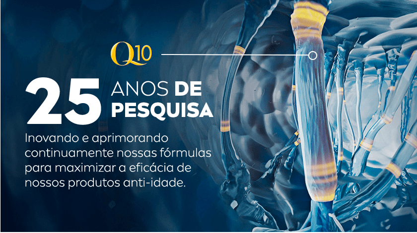 Representação científica com moléculas e tubo de ensaio em tons de azul e amarelo, destacando 25 anos de pesquisa da linha Q10.