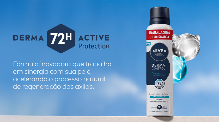 Frasco do desodorante NIVEA MEN Derma Control Defende ao centro sobre fundo azul. Ao lado, esfera transparente com partículas azuis. Acima do frasco, destaque para “72H Active Protection” em letras grandes.