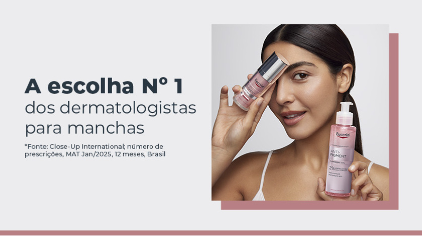 Banner publicitário mostrando o rosto de uma mulher com pele uniforme e expressão serena. Ela segura dois produtos Anti-Pigment: Dual Sérum e Gel de Limpeza.