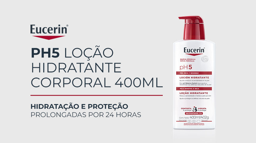 Imagem da loção Eucerin pH5 com foco na embalagem, em um fundo neutro.