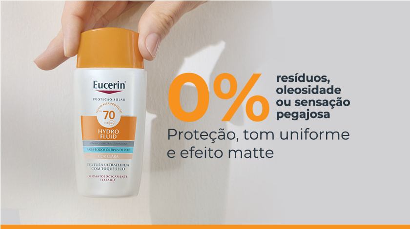 Imagem em close do frasco Eucerin Hydro Fluid FPS 70 em fundo claro.