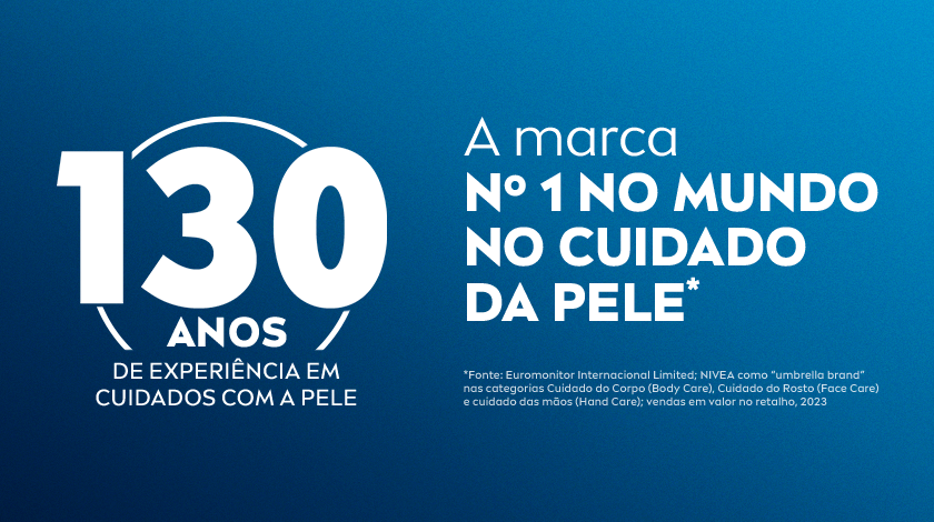Fundo azul com destaque para número “130” em branco. Texto institucional ao lado destaca a liderança global da marca em cuidados com a pele.