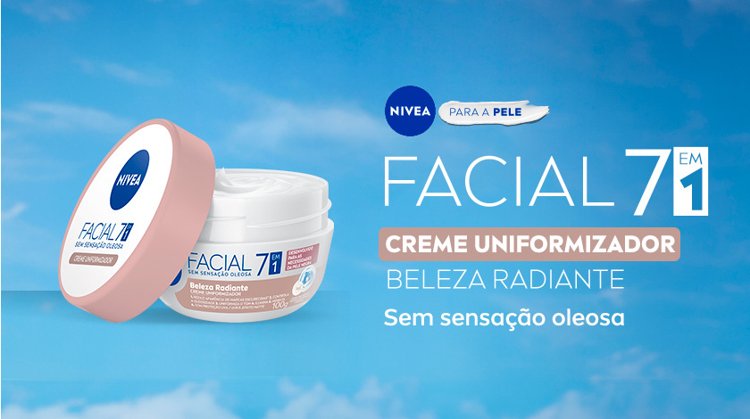 Fundo azul claro com nuvens. Pote do NIVEA Facial 7 em 1 Creme Uniformizador com tampa rosada aparece aberto, com creme visível. À direita, logo da NIVEA e texto promocional destacam beleza radiante e sensação não oleosa.