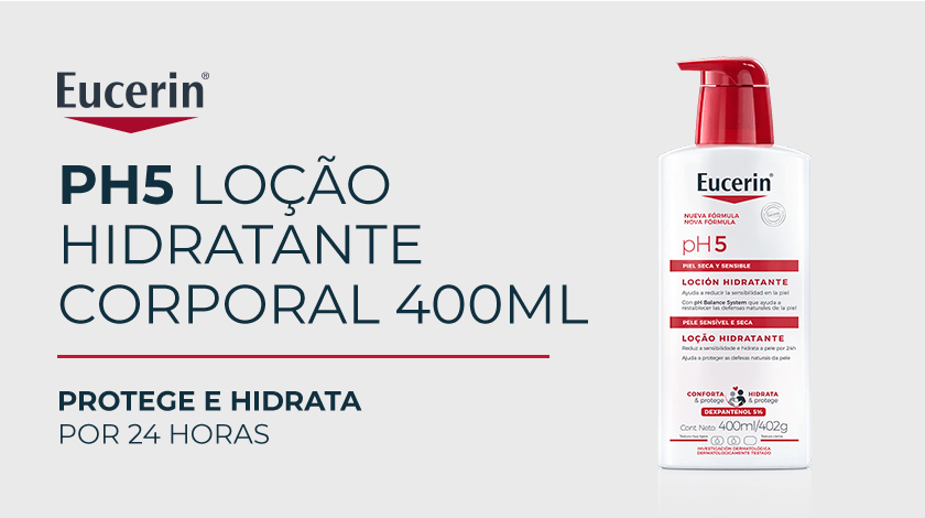 Imagem da loção Eucerin pH5 com foco na embalagem, em um fundo neutro.