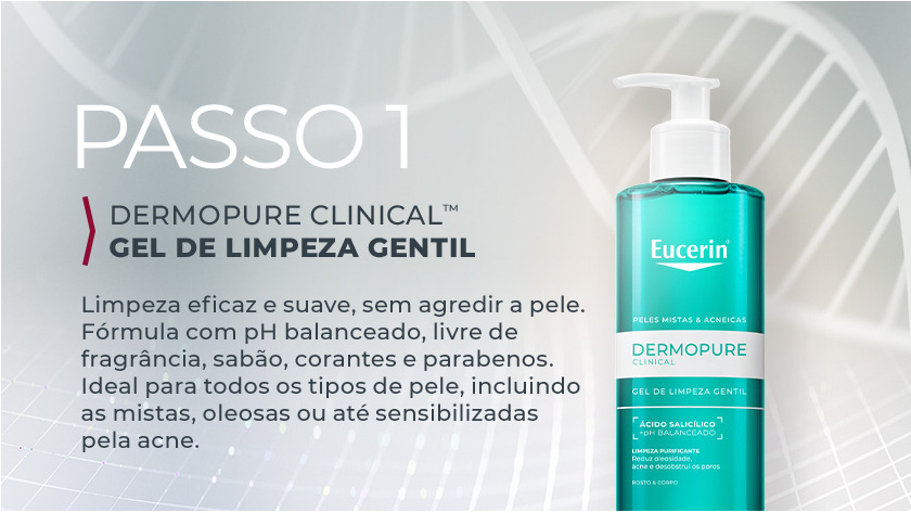 Imagem com fundo neutro. Ao lado direito, é destacado Dermopure Gel de Limpeza Gentil, em embalagem verde.