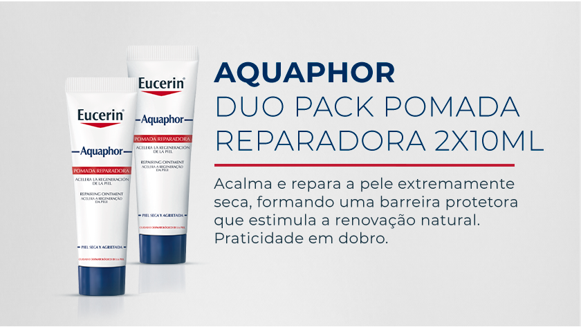 Imagem com fundo neutro. Ao lado esquerdo são destacadas as embalagens de Aquaphor Duopack.