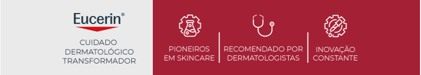 Logo da Eucerin sobre fundo vermelho, reforçando o conceito de cuidado dermatológico da marca.
