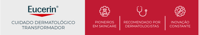 Ao lado esquerdo, logotipo da Eucerin em destaque. Ao lado direito, fundo vermelho com três ícones que representam os pilares da marca.