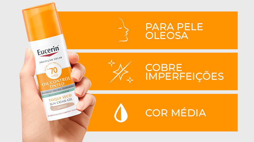 Uma mão segura o frasco de Eucerin Sun Oil Control Tinted Médio FPS 70 enquanto ícones visuais representam suas características.
