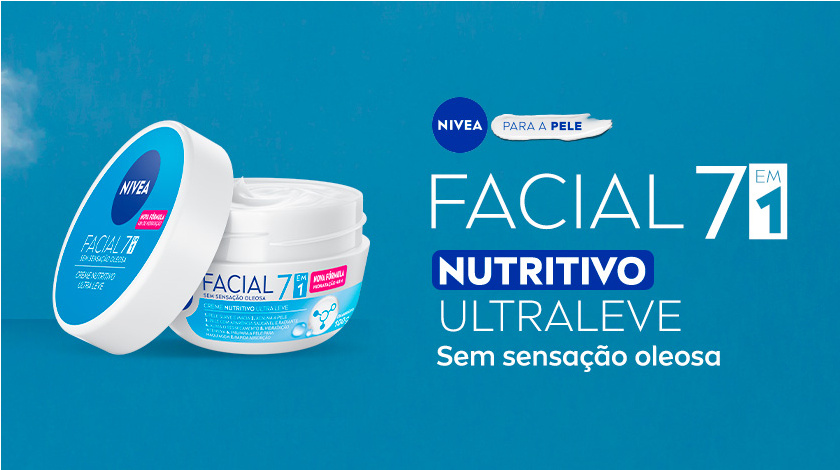 Fundo azul turquesa. Pote do NIVEA Facial 7 em 1 Nutritivo Ultralight aparece aberto, com tampa ao lado e creme branco visível. À direita, texto apresenta a fórmula nutritiva e sem oleosidade.