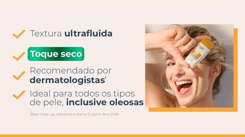 Texto com ícones em laranja destacando benefícios do produto. Ao lado direito, imagem de mulher sorrindo segurando o frasco próximo ao rosto.