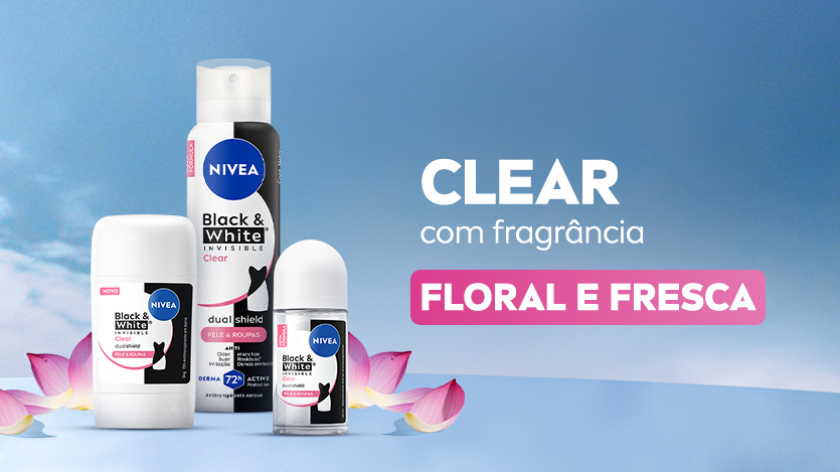 Imagem com fundo de céu azul. Ao lado esquerdo, a linha CLEAR aparece em destaque, ao lado de ingredientes.
