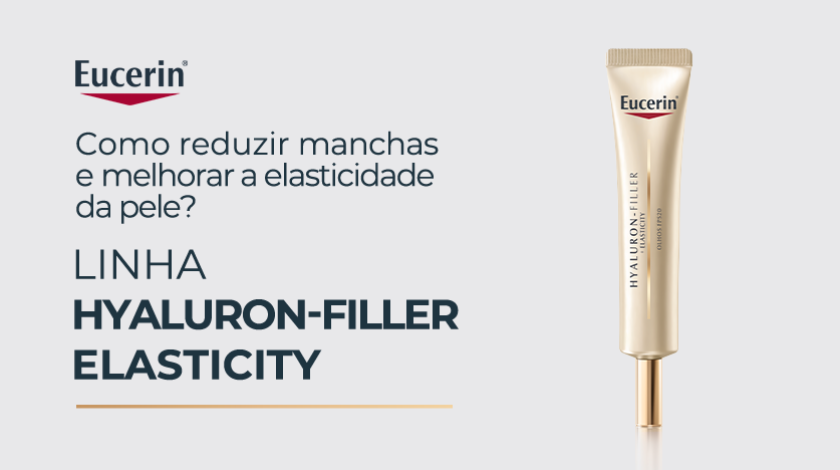 Banner publicitário em fundo claro mostrando um creme para olhos da linha Eucerin Hyaluron-Filler + Elasticity. O produto é dourado com detalhes vermelhos.