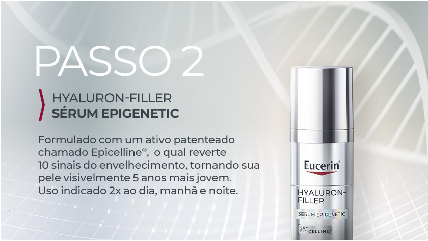 Imagem com fundo neutro. Ao lado direito, é destacado Sérum Epigenetic em embalagem prateada.
