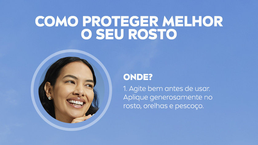 Imagem de fundo azul. Foto de mulher sorrindo, emoldurada em círculo. Ao lado, instruções de uso.