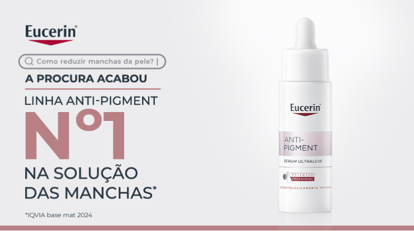Imagem de produto Eucerin Anti-Pigment Sérum Ultraleve. À esquerda, há um layout gráfico com ícone de barra de pesquisa e elementos tipográficos em destaque.