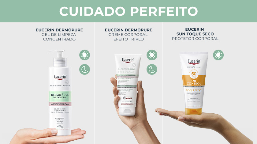 O banner dividido em 3 partes apresenta uma rotina de uso. São destacados três produtos com ícones verdes.