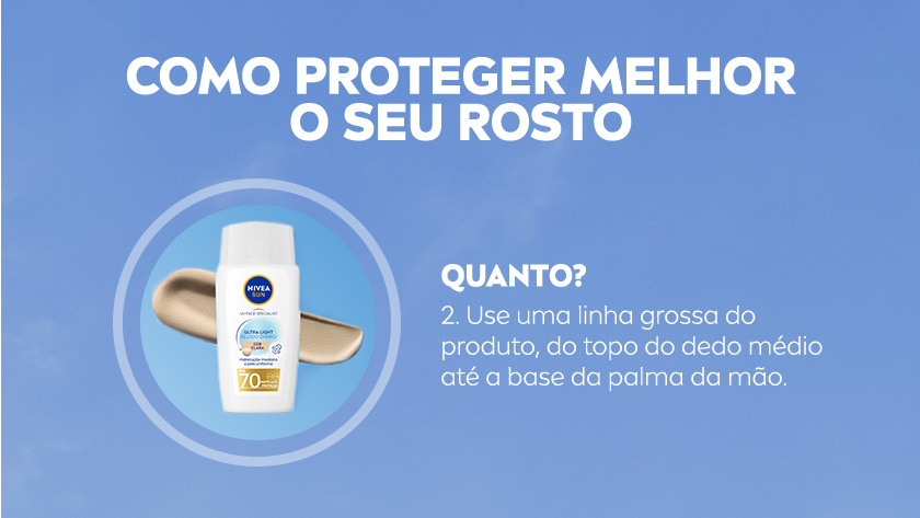 Imagem de fundo azul. Foto do protetor solar e textura do produto, emoldurada em círculo. Ao lado, instruções de uso.