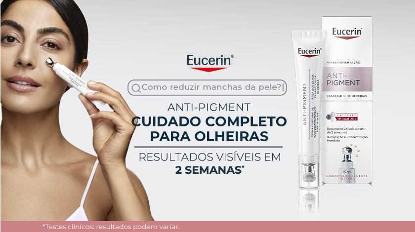Uma mulher aplicando o creme clareador Eucerin Anti-Pigment na área dos olhos. Ao lado, o produto em sua embalagem e a frase 