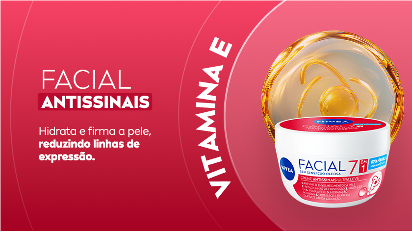 Fundo vermelho representando o produto. Ao lado direito, a embalagem aparece em destaque com representações da fórmula.