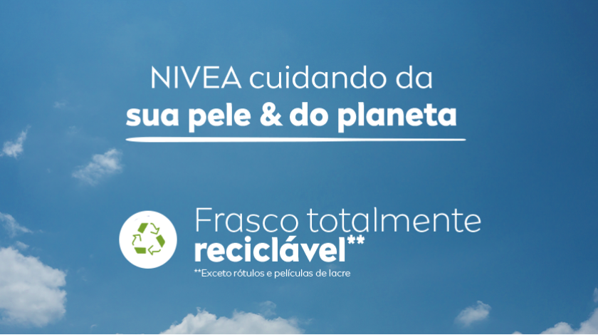 Fundo azul com nuvens esparsas. Ícone branco representa sustentabilidade.