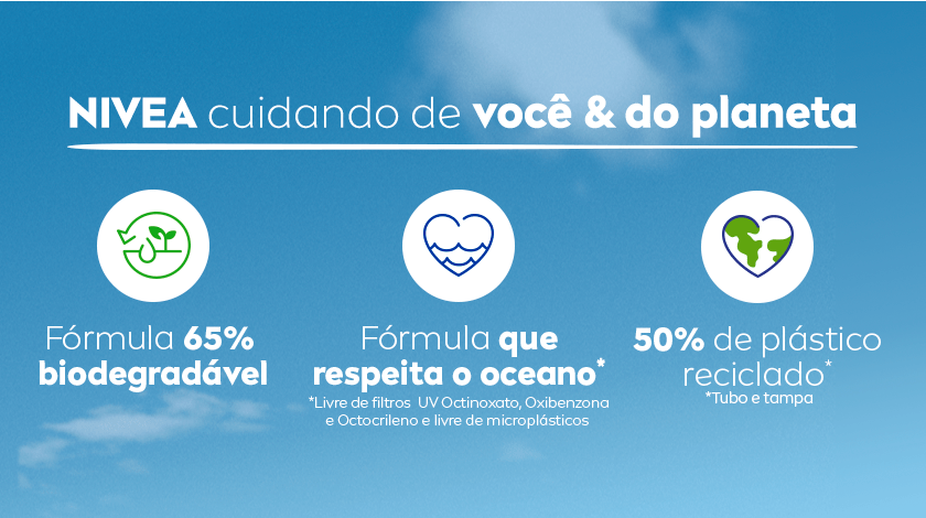 Fundo azul com três ícones circulares: planta, coração e planeta. Textos abaixo destacam: 