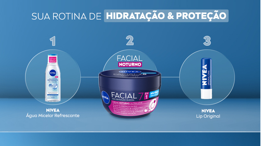 Fundo azul, ao centro são apresentados produtos para uma rotina.