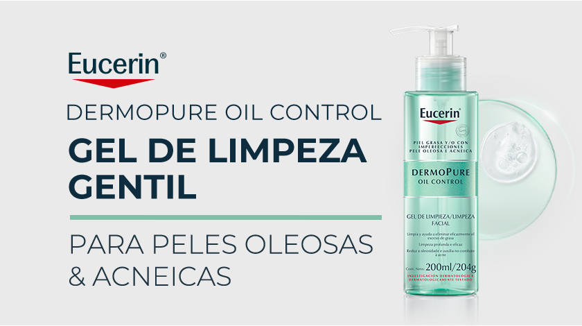 Fundo branco com a imagem do produto Eucerin Dermopure Oil Control Gel de Limpeza Gentil em destaque no lado direito. Ao lado, o texto principal apresenta o nome do produto.