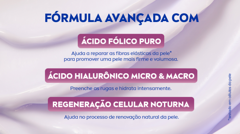 Destaque para os ativos: ácido fólico puro, ácido hialurônico micro e macro, e regeneração celular noturna.