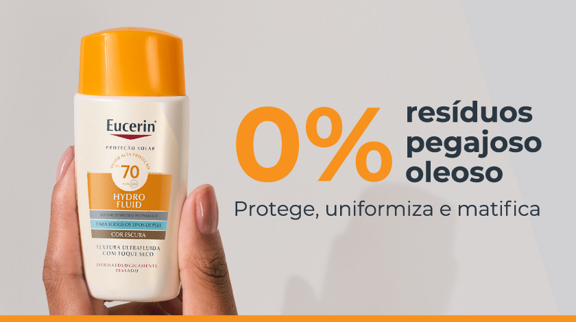 Imagem em close do frasco Eucerin Hydro Fluid FPS 70 em fundo claro.