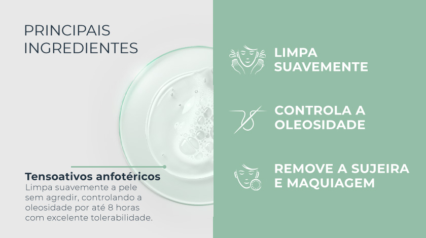 O fundo é verde-claro. No lado esquerdo, o título aparece sobre uma imagem de um líquido transparente em uma placa. No lado direito, há três ícones de características do produto.