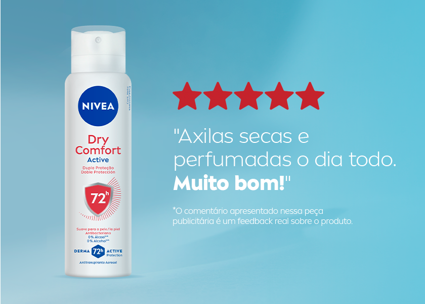 Fundo azul em degradê. À esquerda, frasco do desodorante NIVEA Dry Comfort Active, em embalagem branca com detalhes vermelhos e azuis. Acima do texto da embalagem, o logo redondo azul da NIVEA. À direita do produto, há cinco estrelas vermelhas.
