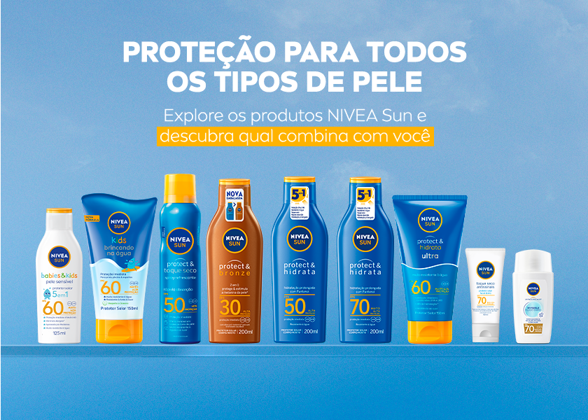 Linha completa de produtos NIVEA Sun exibida em fileira com destaque para 