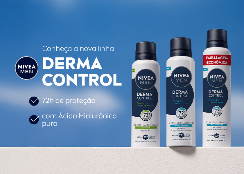 Fundo azul claro com três frascos da linha NIVEA MEN Derma Control alinhados. Um dos frascos está com selo de “Embalagem Econômica”.