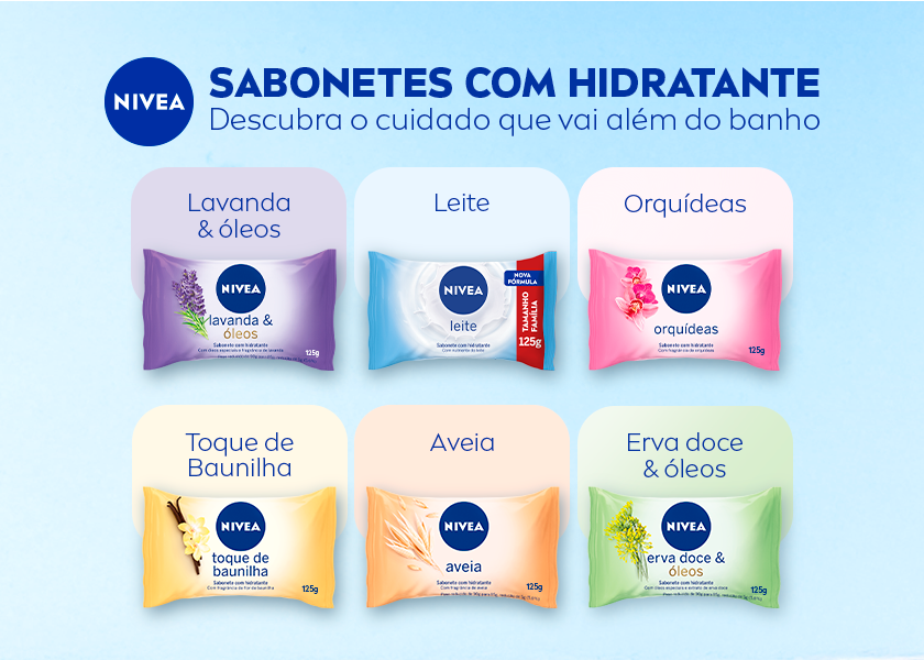 Exposição de diferentes sabonetes NIVEA com embalagens coloridas organizadas em fileiras. O fundo é azul claro.