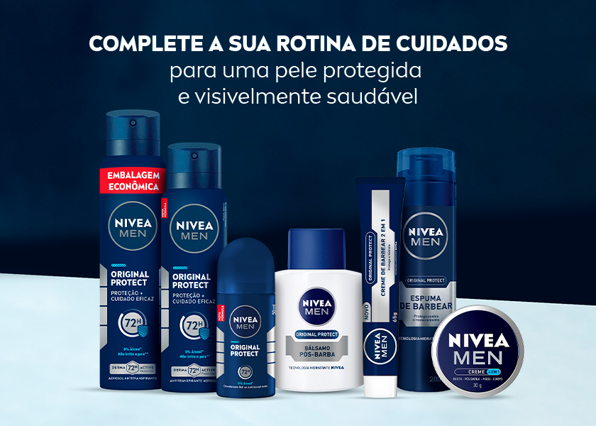 Fundo azul com leve textura. Na base, vários produtos NIVEA MEN alinhados, incluindo desodorantes e cremes. À direita, texto em branco.