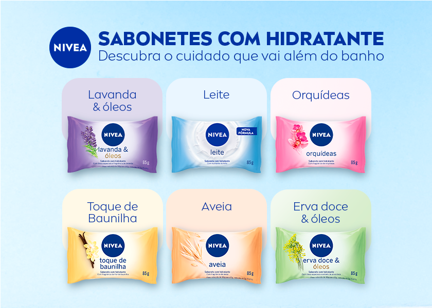 Exposição de diferentes sabonetes NIVEA com embalagens coloridas organizadas em fileiras. O fundo é azul claro.