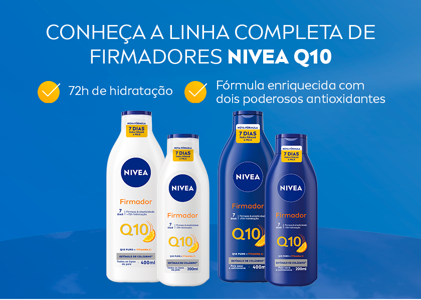 Imagem com fundo azul claro. Ao centro, são apresentados os 4 produtos da linha de firmadores Q10, duas embalagens brancas e duas azuis.