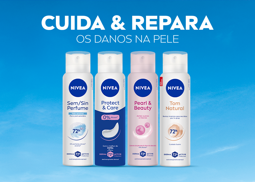 Fundo azul suave com cinco produtos NIVEA em destaque: Sem Perfume, Protect & Care, Pearl & Beauty e Tom Natural. Texto à esquerda destacando que cuidam e reparam danos na pele.