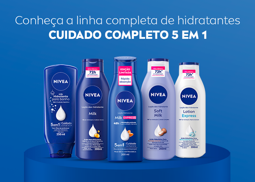 A imagem apresenta a linha de hidratantes NIVEA. Os 5 produtos aparecem lado a lado, em um palco azul. O fundo é azul escuro.