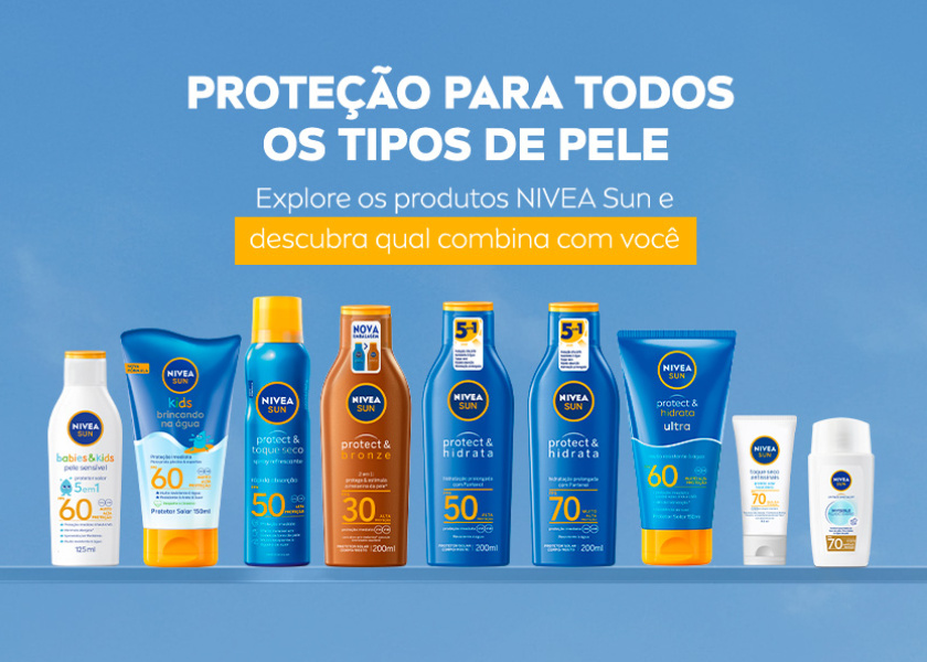O fundo da imagem é um céu azul. Ao centro, são apresentados os produtos da linha NIVEA SUN, um ao lado do outro.